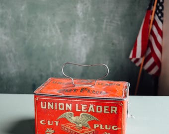 Union Leader Antique Smoking Tobacco Tin, Antique Tobacco Tin, Vintage Tin, Vintage Tins, Tobacco Tins, Tobacco Tin