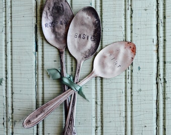 Vintage Silverware Stamped Herb Markers - Set of 3 Big Spoons, Herb Markers, Plant Markers, Garden Decor, Stamped Silverware, Silverware