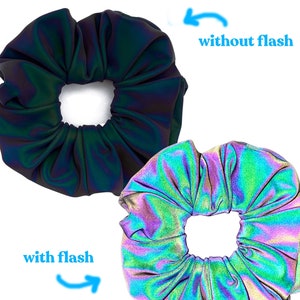 Reflective Rainbow Scrunchie - Light Reactive | grey reflective rainbow hair scrunchie, oil slick in daylight, reflects color under flash