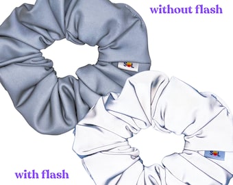 Reflective Silver Scrunchie - Light Reactive | light reflecting hair scrunchie, high visibility, bright white with flash, paparazzi fabric