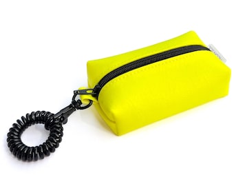 Neon Yellow Petite Boxy Pouch with keychain wristlet coil | faux leather vinyl