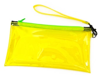 Clear Neon Yellow Wristlet Pouch Lime Green Zipper | transparent pencil case clutch, clear pouch, makeup cosmetics bag, concert travel case