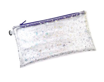 Holo Glitter Stars Wristlet Pouch Purple Zipper | transparent pencil case, clear clutch, makeup cosmetics bag, concert stadium travel
