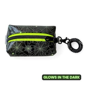 Spookachtig schattig klein boxy zakje | glow-the-dark-spinnenwebben, neongroene ritssluiting, polsbandje, draaibare sluiting, mini klein doosje, zakje met ritssluiting