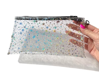 Holo Glitter Stars Pouch Black Zipper | pencil case, transparent clutch, clear wristlet, makeup cosmetics bag, concert stadium travel