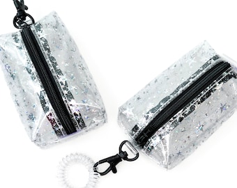 Clear Holographic Glitter Stars Petite Boxy Pouch with keychain wristlet coil | see-through vinyl