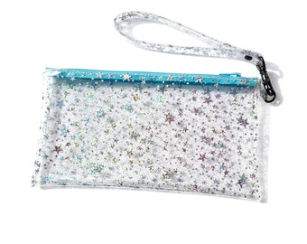 Holo Glitter Stars Pouch Sky Blue Zipper | pencil case, transparent clutch, clear wristlet, makeup cosmetics bag, concert stadium travel