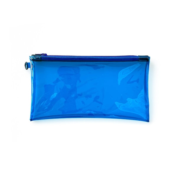 Clear Electric Blue Pouch Purple Zipper | pencil case, transparent clutch, clear wristlet, makeup cosmetics bag, concert travel case