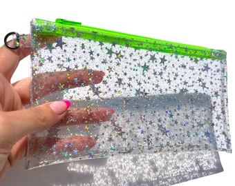 Holo zakje glittersterren schoudertasje neongroene rits | transparante etui, doorzichtige clutch, make-uptasje, reizen naar concertstadion