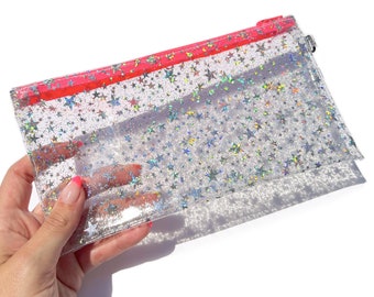 Holo zakje glittersterren schoudertasje neonroze rits | transparante etui, doorzichtige clutch, make-uptasje, reizen naar concertstadion
