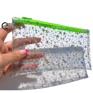 Holo Glitter Stars Pouch Neon Green Zipper | pencil case, transparent clutch, clear wristlet, makeup cosmetics bag, concert stadium travel
