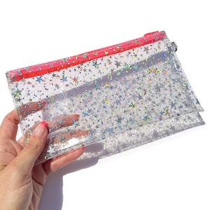 Holo Glitter Stars Pouch Neon Pink Zipper | pencil case, transparent clutch, clear wristlet, makeup cosmetics bag, concert stadium travel