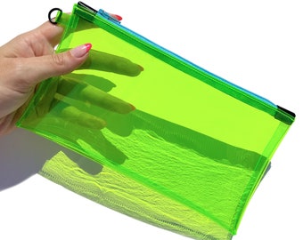 Doorzichtig neongroen schoudertasje met schoudertasje hemelsblauwe ritssluiting | transparant etui, zakje met polsbandje, make-uptasje, reisetui voor concert