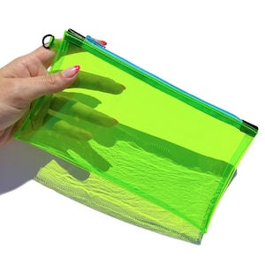 Clear Neon Green Wristlet Clutch Pouch Sky Blue Zipper | transparent pencil case, wristlet pouch, makeup cosmetics bag, concert travel case