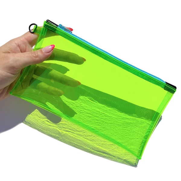 Clear Neon Green Wristlet Clutch Sky Blue Zipper | transparent pencil case, clear wristlet pouch, makeup cosmetics bag, concert travel case