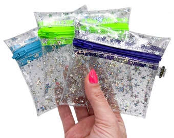 Clear Coin Pouch Holographic Glitter Stars Neon Zipper | Zip Pouch, Keychain Pouch, Small Zip Pouch, Change Purse, optional mini carabiner