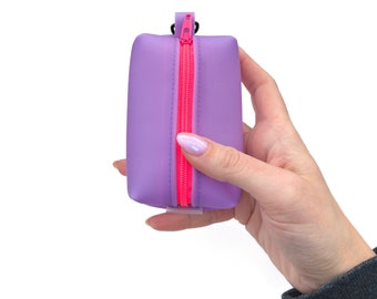 Lavender Frosted Jelly Vinyl Petite Boxy Pouch Neon Hot Pink Zipper with stretchy keychain wristlet hair coil
