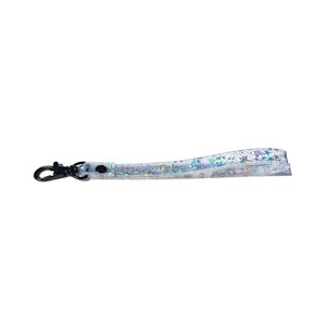 Op de afbeelding: Een zilveren glitter lanyard met een zwarte metalen clip.