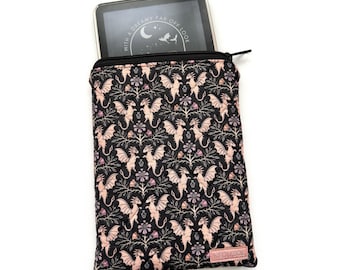 Kindle Sleeve, floral dragons | cotton fabric, zippered ereader pouch, kindle case with zipper