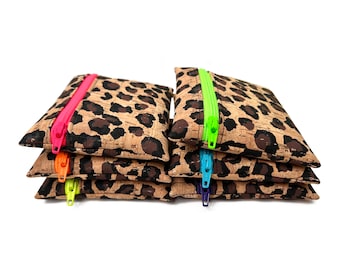 Leopard Print Cork Coin Pouch Neon Zipper | printed natural cork, small zip pouch, keychain pouch, change purse, mini carabiner