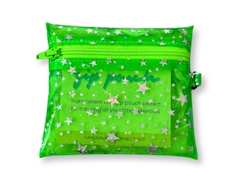 Green Coin Pouch Holographic Glitter Stars, neon green zipper | small zip pouch, keychain pouch, change purse, optional mini carabiner