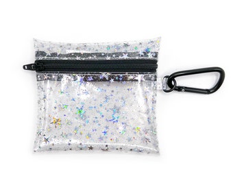 Clear Coin Pouch Holographic Glitter Stars, black or white zipper | small zip pouch, keychain pouch, change purse, optional mini carabiner
