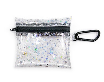 Clear Coin Pouch Holographic Glitter Stars, black or white zipper | small zip pouch, keychain pouch, change purse, optional mini carabiner