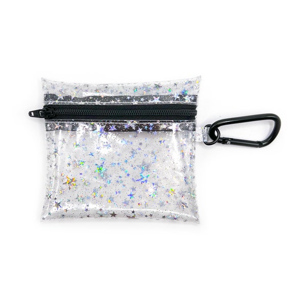 Transparent Keyring Zip Pouch, Plastic Zipper Pouch, Clear Glitter Zipper Case, Glitter ID Sleeve, Plastic Key Ring Pouch, Clear Coin Pouch