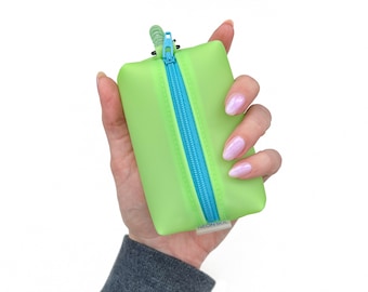 Key Lime Green Frosted Jelly Vinyl Petite Boxy Pouch Sky Blue Zipper with stretchy keychain wristlet hair coil