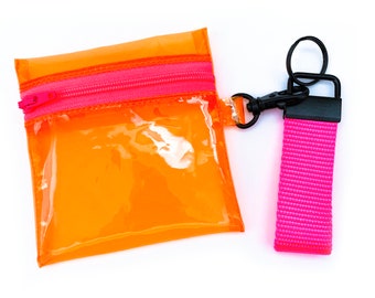 Zipper Coin Pouch Neon Hot Orange Vinyl | Clip-on Zip Pouch, Keychain Pouch with Clasp, Small Zip Wallet, Small Zipper Pouch, Coin Purse