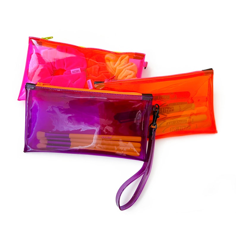 Clear Neon Pink Wristlet Pouch Fluorescent Yellow Zipper Transparent