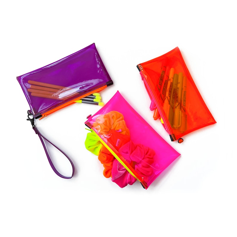 Clear Neon Pink Wristlet Pouch Fluorescent Yellow Zipper Transparent
