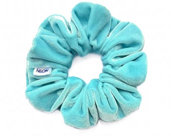 Aquamarine Velvet Scrunchie | aqua lush stretch velvet, blue green hair accessory, soft plush hair tie, gentle in your hair, wrist accessory