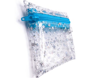 Blue Zipper Coin Pouch Clear Vinyl Iridescent Holographic Stars | Keychain Pouch, Small Zip Wallet, Small Zipper Pouch, Change Coin Purse