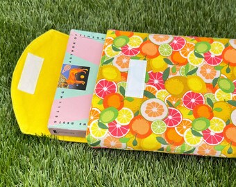 Book Sleeve, citrus burst | paperback, cotton fabric, book sleeve with flap, reader gift, bookish, booktok, reading accessory, citrus fruit