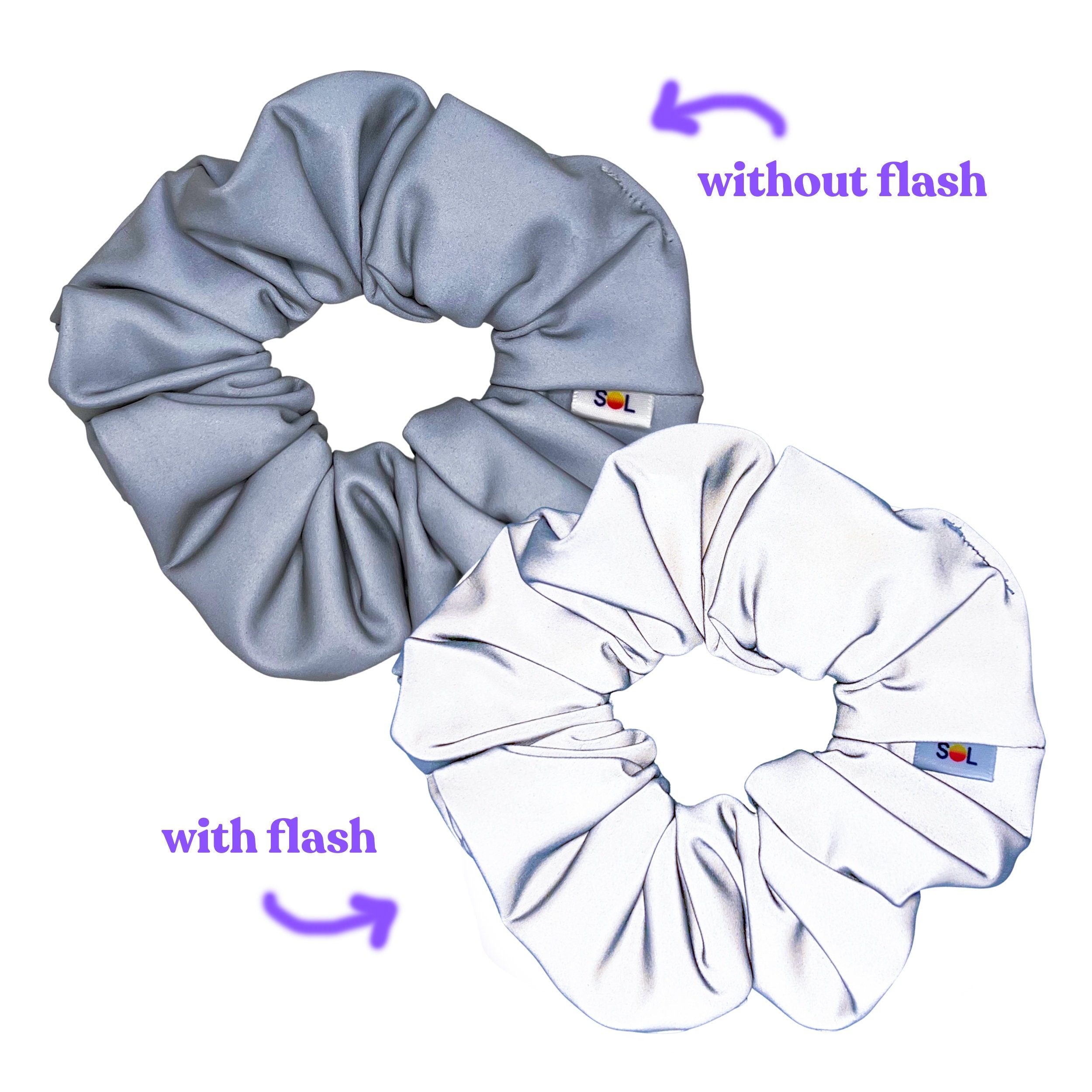 Reflective Silver Scrunchie - Light Reactive light reflecting hair scrunchie, high visibility, bright white with flash, paparazzi fabric