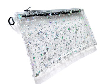 Holographic Glitter Stars Wristlet Pouch Black Zipper
