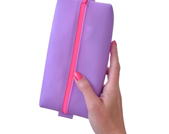 Lavender Boxy Pouch Jelly Vinyl | neon pink zipper, frosted jelly vinyl, boxy bag, travel toiletries makeup bag, accessories notions pouch