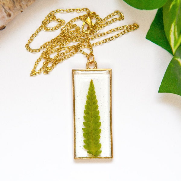 Real Pressed Fern Necklace, Eco Terrarium Jewelry, Green Preserved Plant, Nature Lover Gift, Gold Rectangle Resin Pendant, Floral Botanical