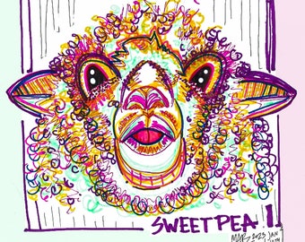 Sweet Pea Sheep Art Print: Tongue Out Whimsical Illustration