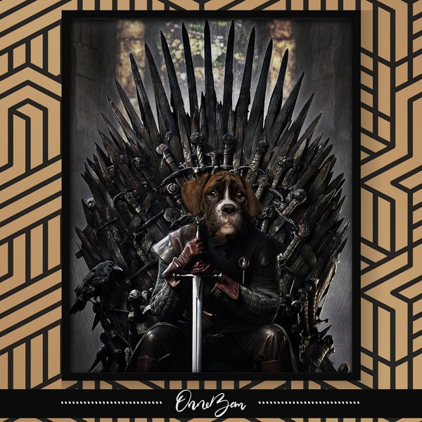 Portrait d’animal de compagnie Game of Throne personnalisé | Game of Throne Iron Throne | Portrait d’animal personnalisé | Cadeau unique et amusant | GdT 1