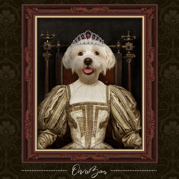 Custom Queen Pet Portrait . Renaissance Pet Portrait . Classic and Royal Pet Portrait . Renaissance Queen Portrait . Animal Portrait . QV2