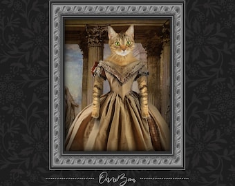 May include: A tabby cat wearing a brown and gold dress with a lace collar. The cat is posed in a portrait style with a background of columns and a cloudy sky. The image is framed in a silver frame with ornate details.
