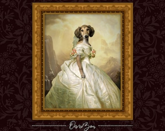 May include: A dog dressed in a white wedding gown with a veil and flowers, standing in a landscape painting with mountains in the background. The painting is framed in a gold frame.