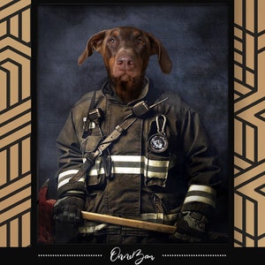 Ritratto personalizzato dell'animale domestico del pompiere. Ritratto animale del pompiere personalizzato. Ritratto del cane del pompiere personalizzato. Ritratto divertente e unico. V1