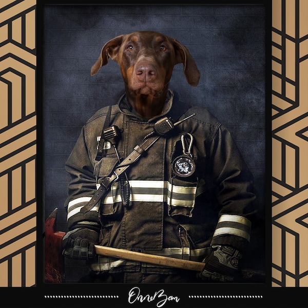 Personalisiertes Feuerwehrmann Tierportrait. Individuelles Feuerwehrmann Tierportrait. Individuelles Feuerwehr-Hundeportrait. Lustiges und einzigartiges Portrait. V1