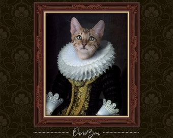 Custom Renaissance Queen Pet Portrait . Custom Classic Queen Dress . Custom Pet Portrait . Custom Cat Portrait . Royal . Unique . QV1