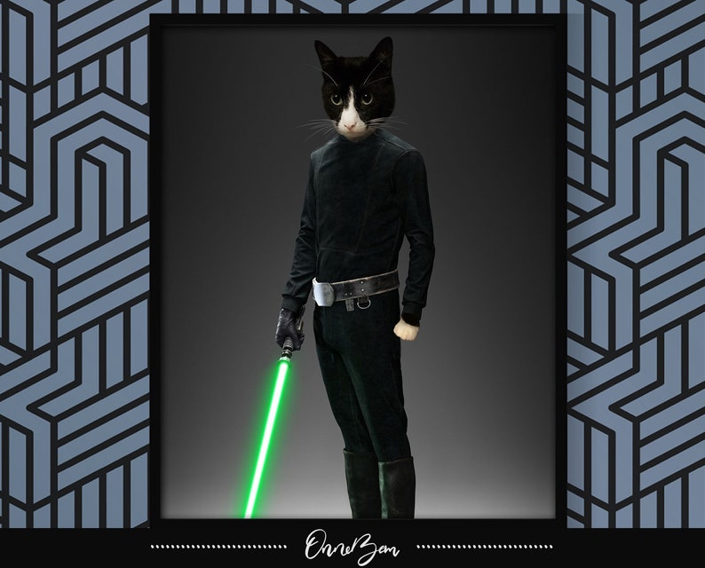 May include: A black and white cat with a human body wearing a black jumpsuit and holding a green lightsaber. The cat is wearing a black belt with a silver buckle. The background is a dark gray.