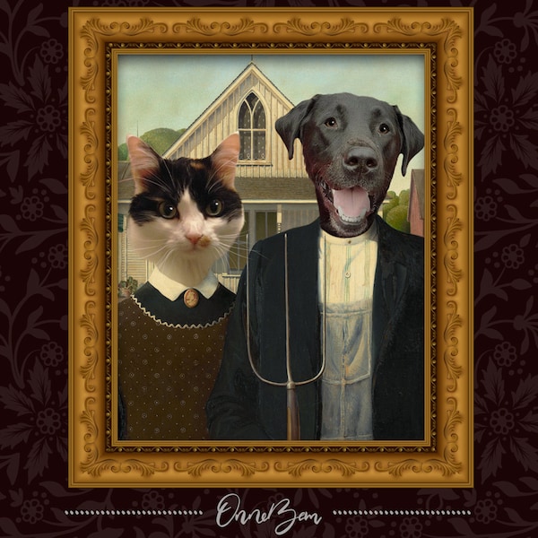 Custom American Gothic Pet Portrait | Custom Pet Portrait | Custom Pet Painting | Custom Dog Portrait | Custom Cat Portrait | Unique Gift