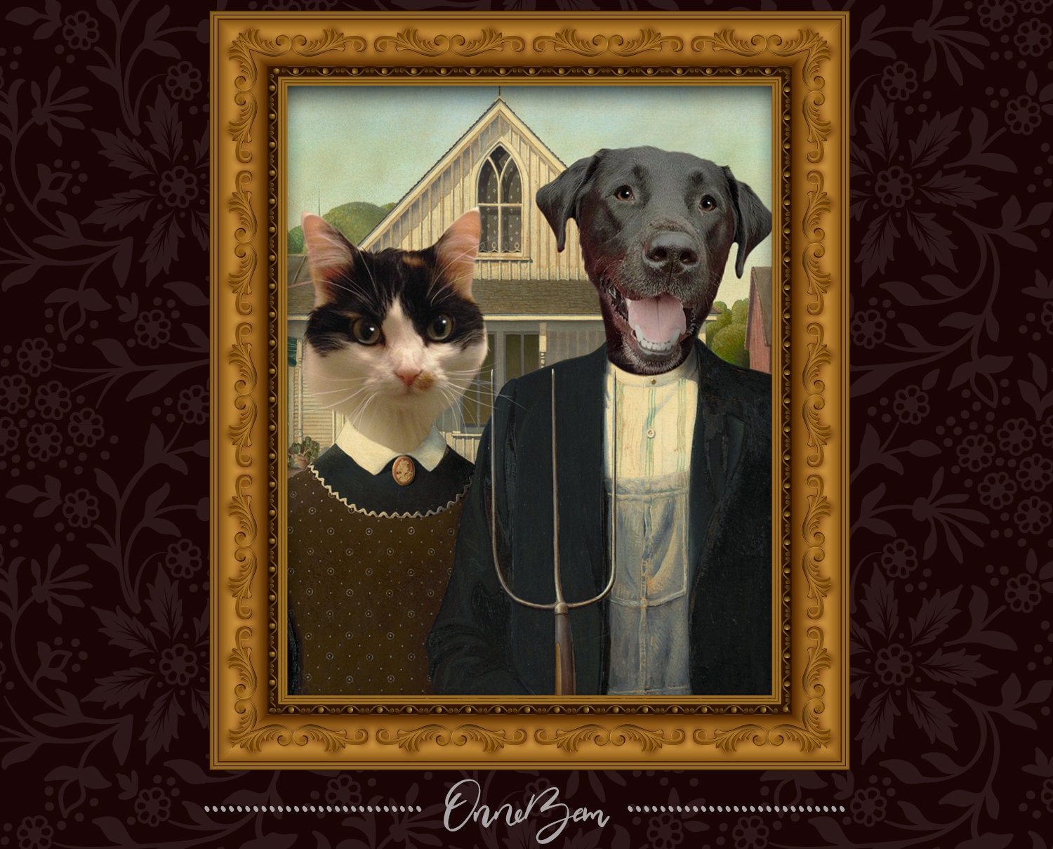 Custom American Gothic Pet Portrait | Custom Pet Portrait | Custom Pe…